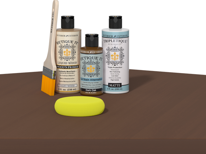 Dark Oak wood finish kit by Retique It for interior top coat, showing a smooth, multi-purpose wood finish application.