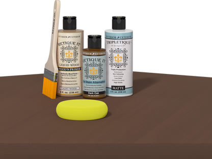 Dark Oak wood finish kit by Retique It for interior top coat, showing a smooth, multi-purpose wood finish application.