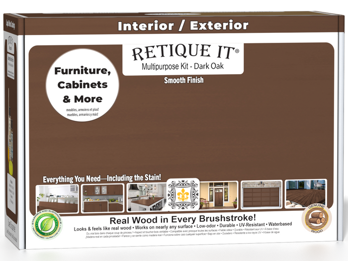 Retique It Dark Oak Multi-purpose Smooth Finish Kit for interior wood, includes top coat in matte finish, shown in open box.