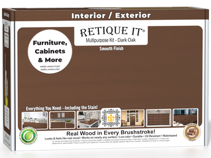 Retique It Dark Oak Multi-purpose Smooth Finish Kit for interior wood, includes top coat in matte finish, shown in open box.