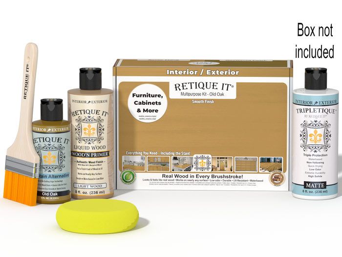 Retique It Multi-purpose Smooth Finish Kit in Old Oak for interior wood projects, includes top coat and application tools.
