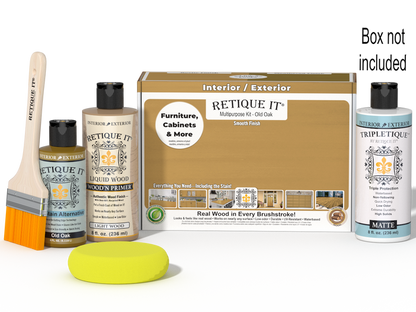 Retique It Multi-purpose Smooth Finish Kit in Old Oak for interior wood projects, includes top coat and application tools.