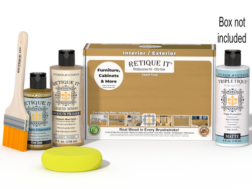 Retique It Multi-purpose Smooth Finish Kit in Old Oak for interior wood projects, includes top coat and application tools.