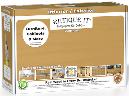 Retique It Multi-purpose Smooth Finish Kit in Old Oak for interior wood top coat, includes brushes and applicators in a box.