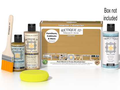 Retique It Multi-purpose Smooth Finish Kit in Old Oak, interior top coat with satin finish, includes wood finish components and instructions.