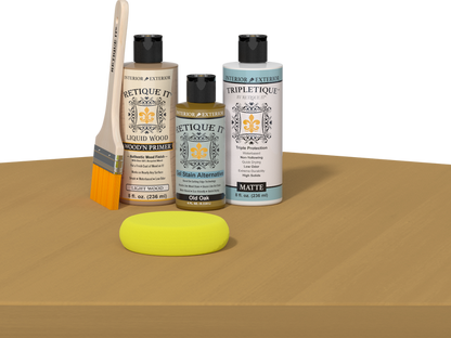 Retique It Multi-purpose Smooth Finish Kit in Old Oak for interior wood projects, featuring satin top coat and wood finish accessories.