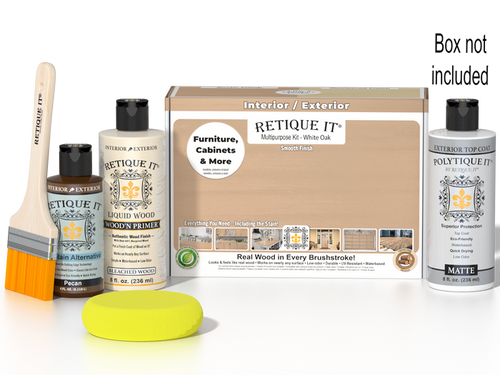 Retique It Multi-purpose Smooth Finish Kit in White Oak for exterior use, includes top coat and matte wood finish components.