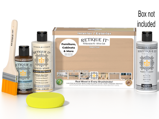 Retique It Multi-purpose Smooth Finish Kit in White Oak for exterior use, includes top coat and matte wood finish components.