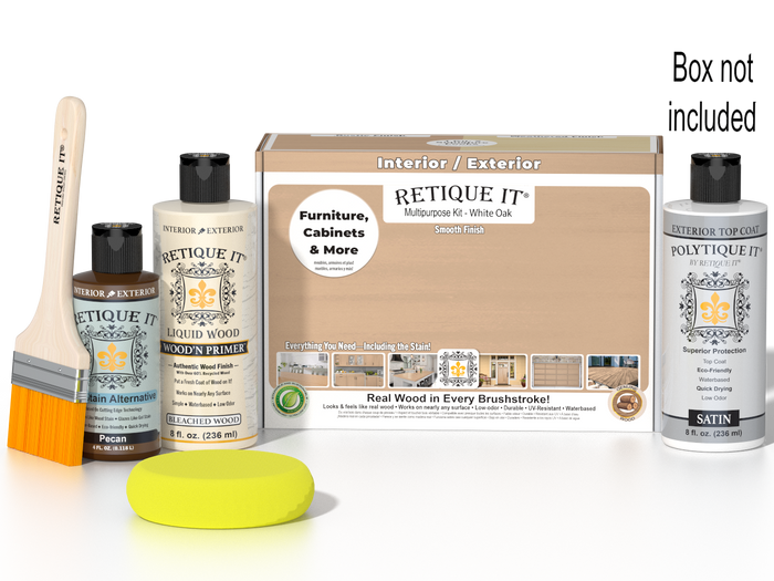 Retique It White Oak multi-purpose exterior satin top coat wood finish kit with smooth finish and included applicator tools.
