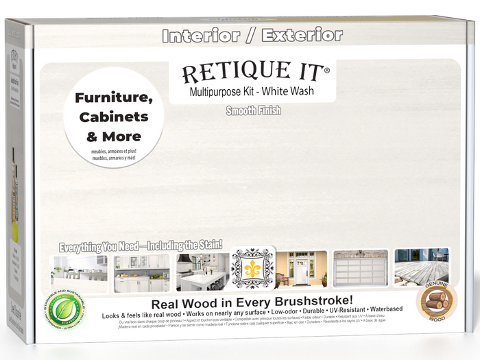 Retique It Multi-purpose Smooth Finish Kit in White Wash for exterior wood furniture, includes top coat and application tools.