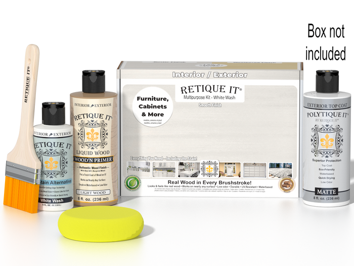 Retique It Wood'n Finish Kit in White Wash for exterior top coat, smooth matte finish on wood surfaces.