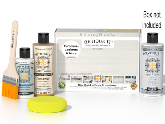 Retique It Wood'n Finish Kit in White Wash for exterior top coat, smooth matte finish on wood surfaces.