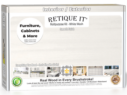 Retique It Multi-purpose Smooth Finish Kit in White Wash for exterior wood furniture, includes top coat and application tools.