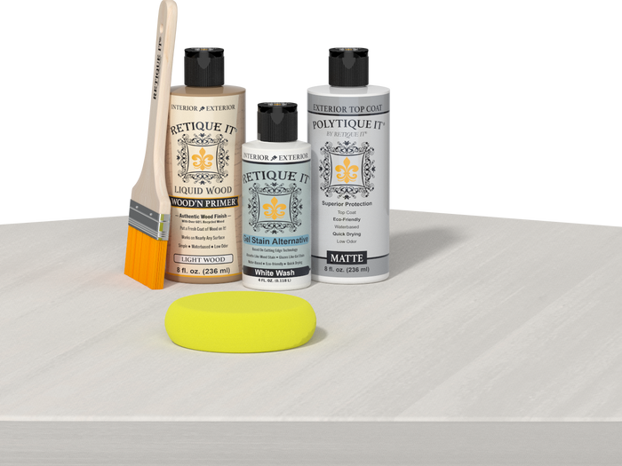 Retique It Wood'n Finish Kit with white wash exterior top coat, showing a table with smooth, white washed wood finish.
