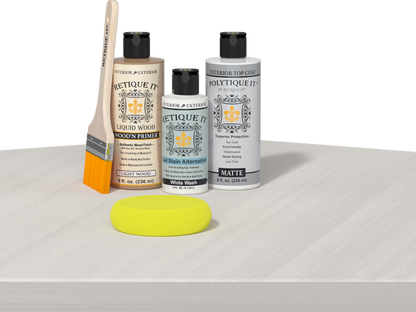 Retique It Wood'n Finish Kit with white wash exterior top coat, showing a table with smooth, white washed wood finish.