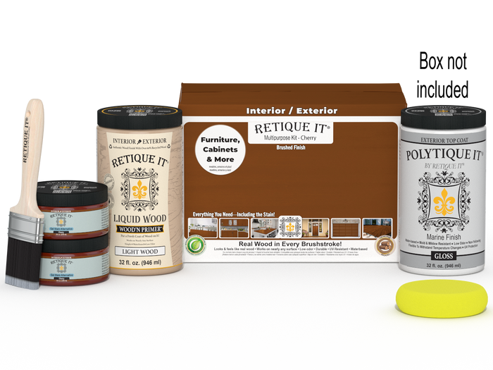 Large Cherry wood finish kit by Retique It with exterior top coat in gloss, includes brushes and supplies for smooth finish application.