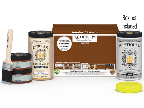 Large Cherry wood finish kit by Retique It with exterior top coat in gloss, includes brushes and supplies for smooth finish application.