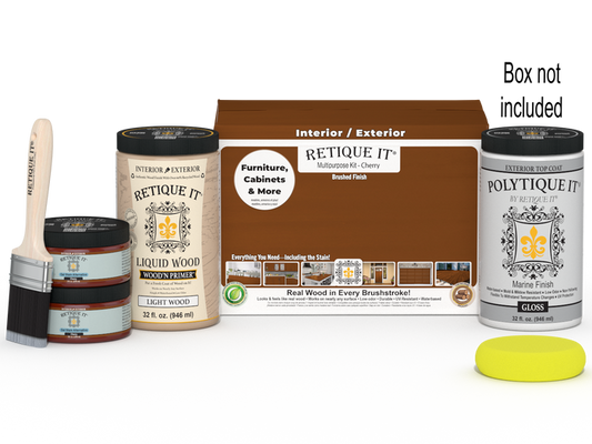 Large Cherry wood finish kit by Retique It with exterior top coat in gloss, includes brushes and supplies for smooth finish application.