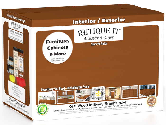Retique It Multi-purpose Smooth Finish Kit (Large) in Cherry for exterior wood surfaces with a matte top coat.