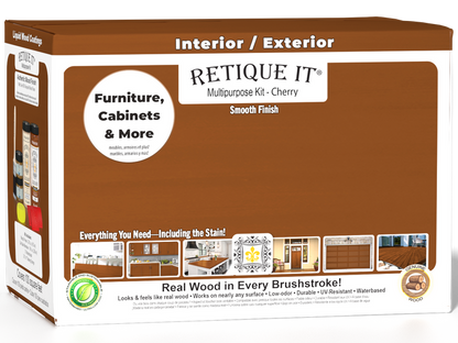 Large Cherry wood finish kit by Retique It for interior top coat, includes wood and smooth finish components in a box.