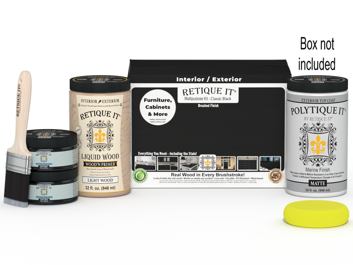 Retique It Multi-purpose Smooth Finish Kit (Large) in classic black with exterior top coat and matte finish, including brushes and tools.