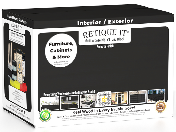 Retique It Multi-purpose Smooth Finish Kit Large in classic black for wood exterior top coat with matte finish, includes application tools.