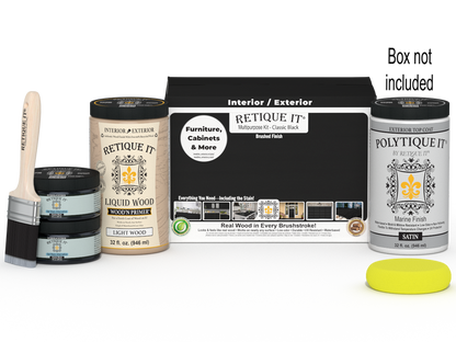 Retique It Multi-purpose Smooth Finish Kit in classic black for wood, exterior top coat, includes large kit and applicator tools.