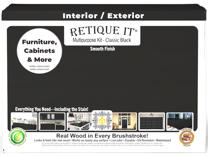 Retique It Multi-purpose Smooth Finish Kit Large in classic black with exterior top coat and matte finish, designed for wood surfaces.