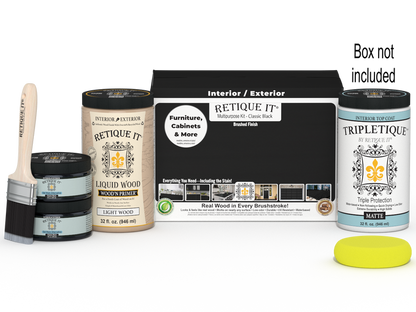 Large Black wood finish kit by Retique It with interior top coat in sleek black, featuring brushes and finishing supplies.