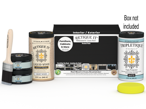 Large Black wood finish kit by Retique It with interior top coat in sleek black, featuring brushes and finishing supplies.