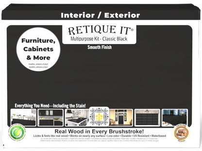 Retique It Multi-purpose Smooth Finish Kit (Large) in classic black for wood interior top coat, shown in box with kit components.