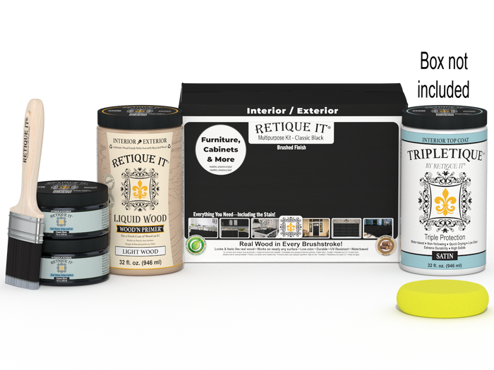 Large Classic Black wood finish kit by Retique It for interior top coat, includes tools and supplies for smooth application.
