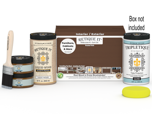 Retique It Multi-purpose Smooth Finish Kit (Large) in Dark Oak for interior wood top coat with glossy finish, includes application tools.
