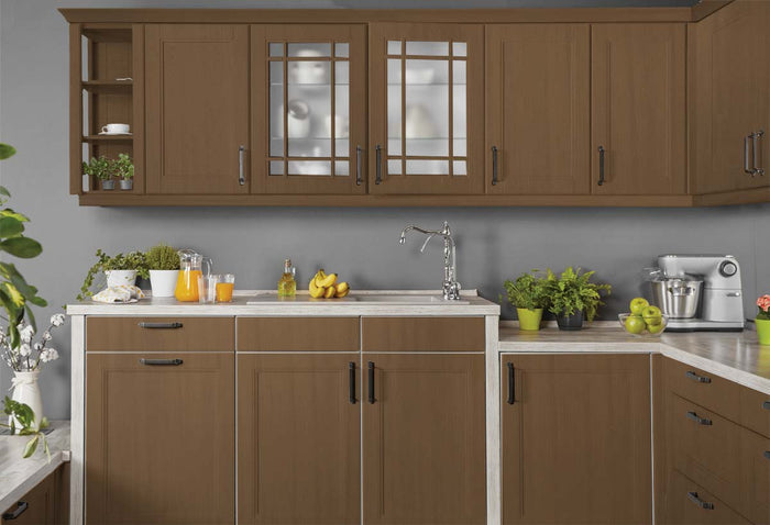 Retique It Multi-purpose Smooth Finish Kit for large dark oak kitchen cabinets, including interior top coat with glossy finish.