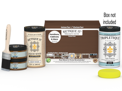 Large Dark Oak wood finish kit by Retique It with interior top coat and tools for smooth wood surface application.