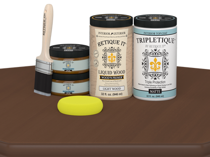 Large Dark Oak Multi-purpose Smooth Finish Kit by Retique It for wood interior top coat, featuring matte wood finish and application tools