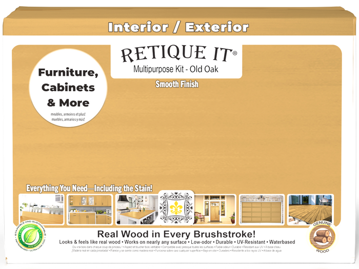 Retique It Multi-purpose Smooth Finish Kit (Large) in Old Oak for exterior wood with a matte top coat, box front view.
