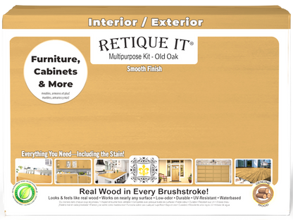 Retique It Multi-purpose Smooth Finish Kit (Large) in Old Oak for exterior wood with a matte top coat, box front view.