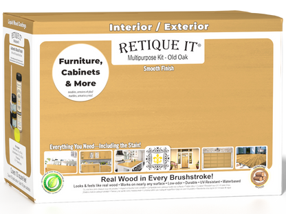 Retique It Multi-purpose Smooth Finish Kit (Large) in Old Oak, featuring interior top coat and wood finishing components in a box.