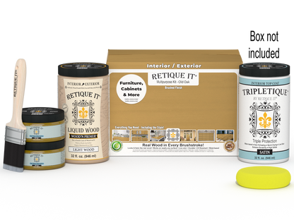 Retique It Large Multi-purpose Smooth Finish Kit in Old Oak for interior wood projects, includes top coat and application tools.