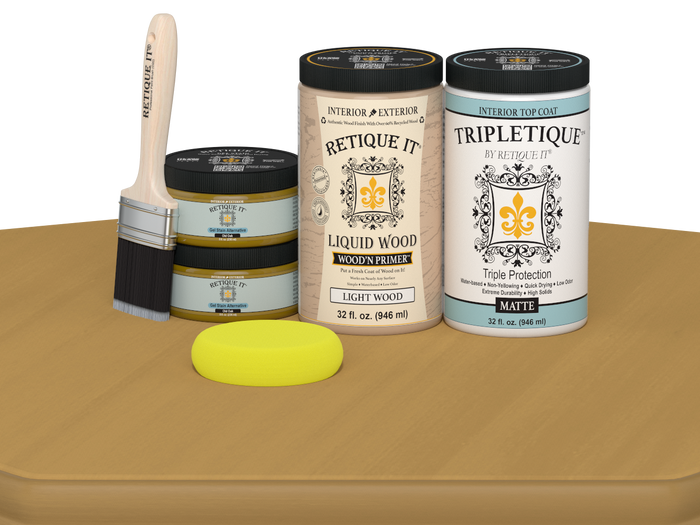 Retique It Multi-purpose Smooth Finish Kit (Large) in Old Oak for interior wood projects, includes top coat and application tools.