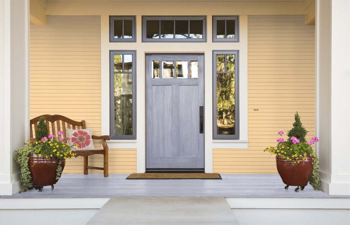 Retique It Wood'n Finish Kit in Vintage Blue for smooth, multi-purpose wood finishing, shown with a front door application.