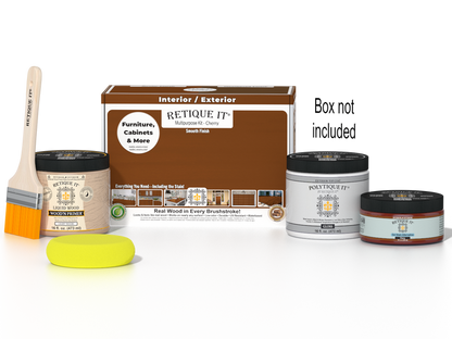 Retique It Multi-purpose Smooth Finish Kit (Med) in Cherry for wood exterior top coating, includes brushes and finishing tools.