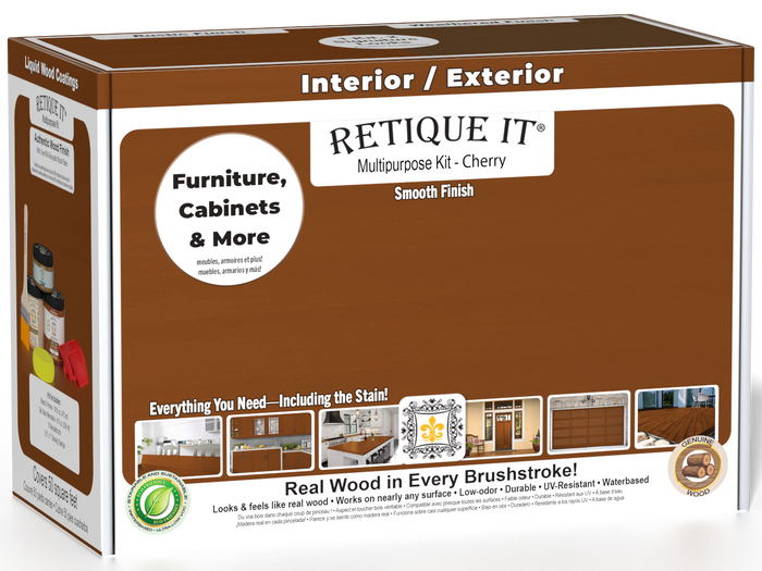 Retique It Multi-purpose Smooth Finish Kit (Med) in Cherry for exterior wood with matte top coat, including brushes and tools in box.