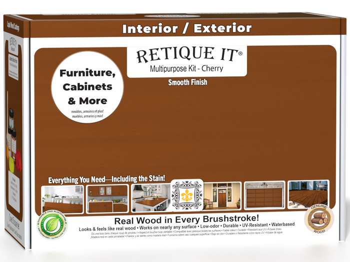 Retique It Multi-purpose Smooth Finish Kit in Cherry for exterior wood projects, includes top coat with matte finish.