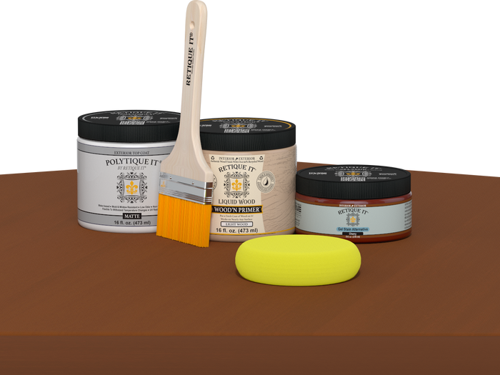 Retique It multi-purpose smooth finish kit in cherry for wood and exterior projects, featuring a matte top coat on a table surface.