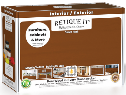 Retique It Multi-purpose Smooth Finish Kit (Med) in Cherry for exterior wood with matte top coat, including brushes and tools in box.
