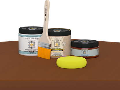 Retique It Multi-purpose Smooth Finish Kit in Cherry for interior wood projects, featuring a matte top coat and precise application tools.