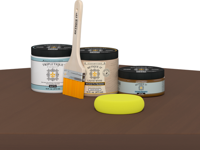 Dark Oak interior top coat from Retique It Multi-purpose Smooth Finish Kit, shown in matte finish on a wood surface.
