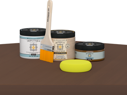 Dark Oak interior top coat from Retique It Multi-purpose Smooth Finish Kit, shown in matte finish on a wood surface.